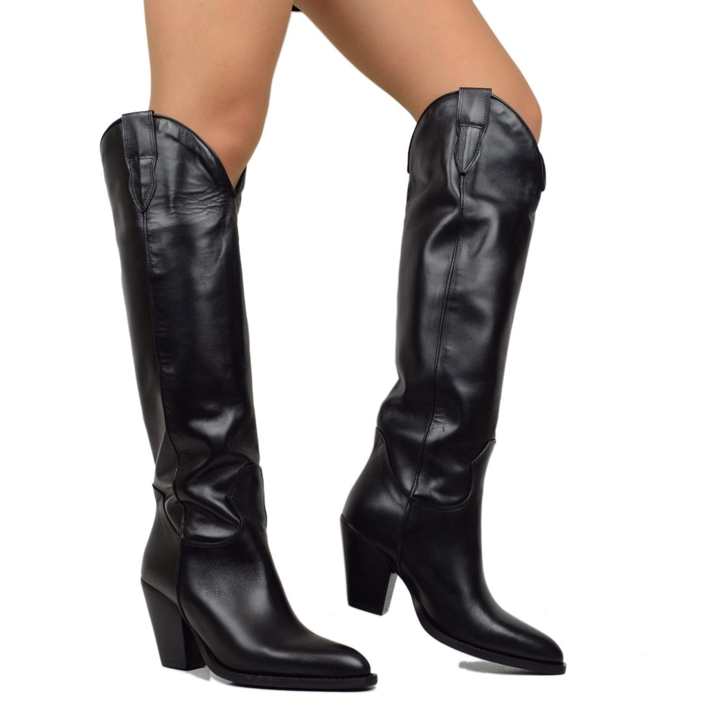 High Heel Black Leather Texan Boots Made in Italy - 4