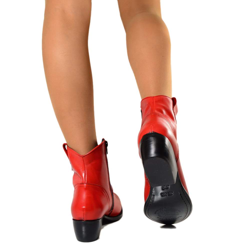Women's Cowboy Boots in Vintage Red Leather Made in Italy - 5