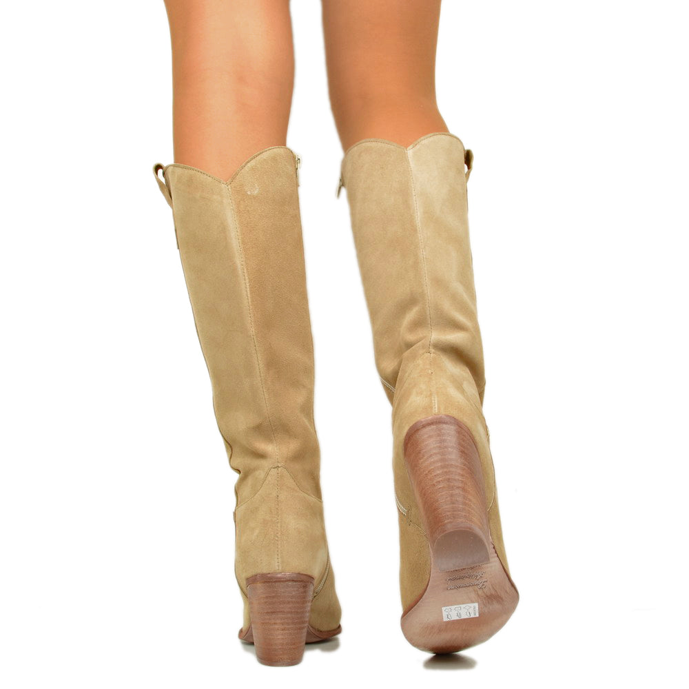 Women's Texan Boots Perforated in Sand Suede with High Heel - 5