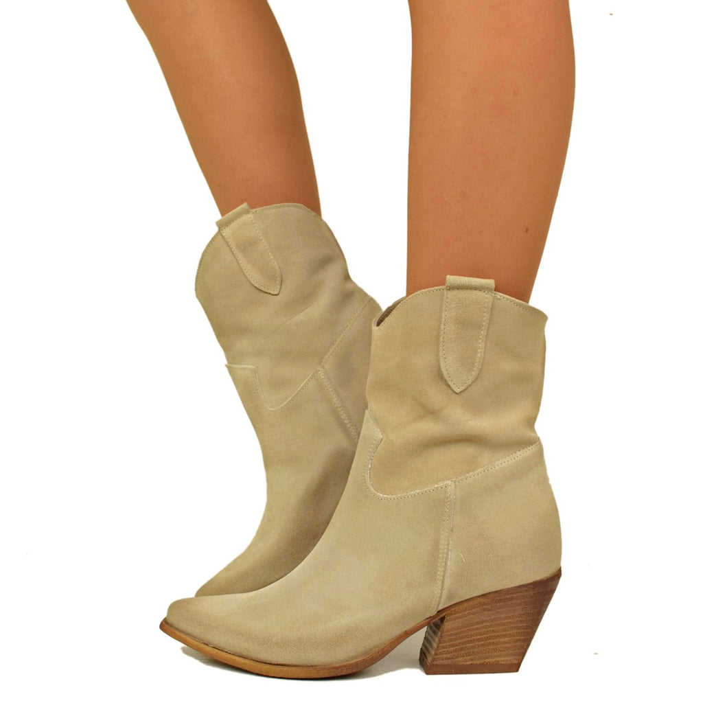 Women's Texan Ankle Boots in Beige Suede Leather Made in Italy
