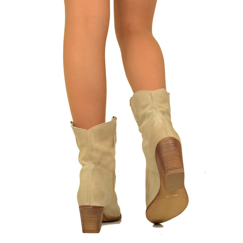 Women's Texan Ankle Boots in Beige Suede Leather Made in Italy - 3