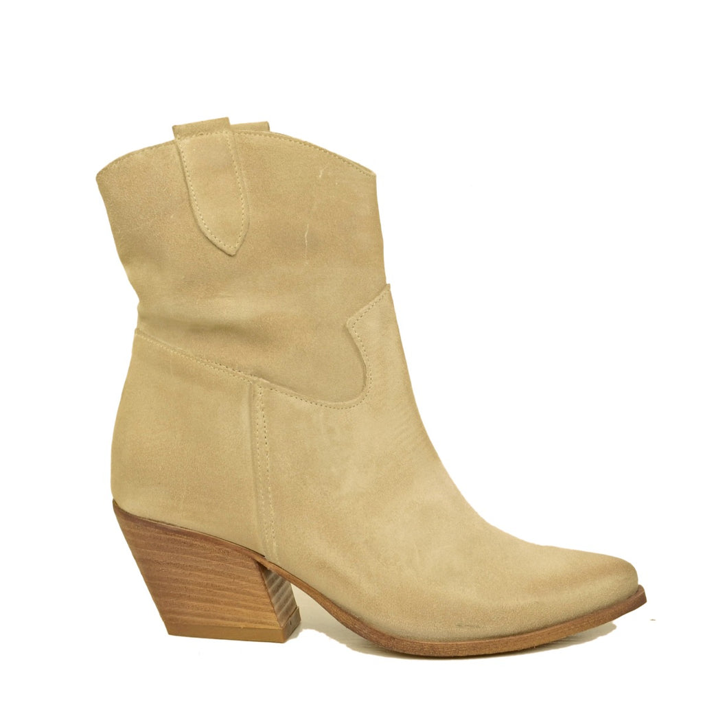 Women's Texan Ankle Boots in Beige Suede Leather Made in Italy - 4