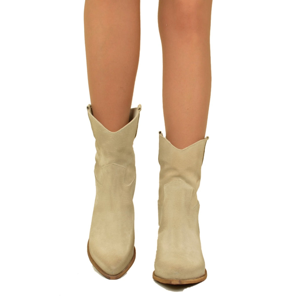 Women's Texan Ankle Boots in Beige Suede Leather Made in Italy - 5