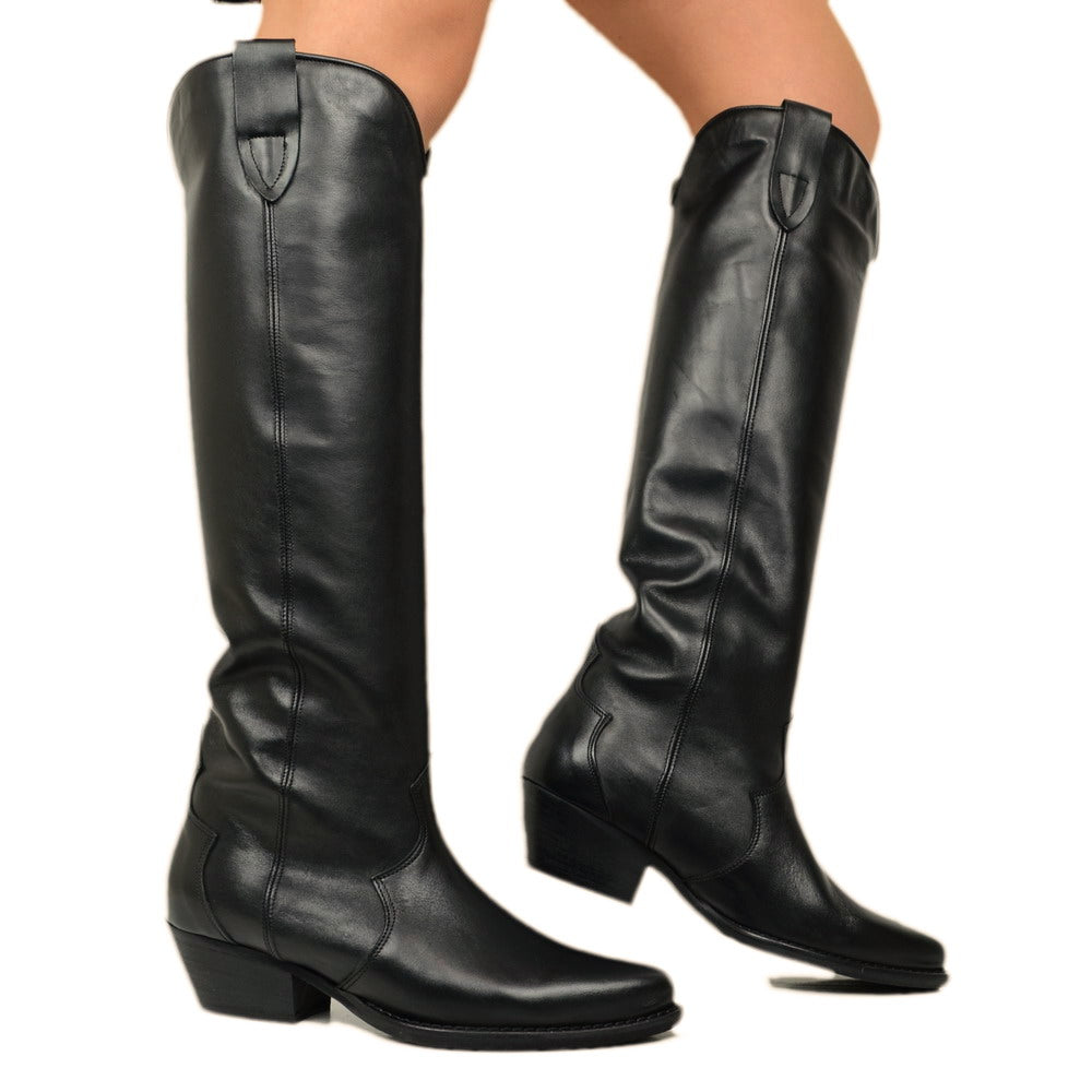 Women's Black Leather High Texan Boots Made in Italy - 4
