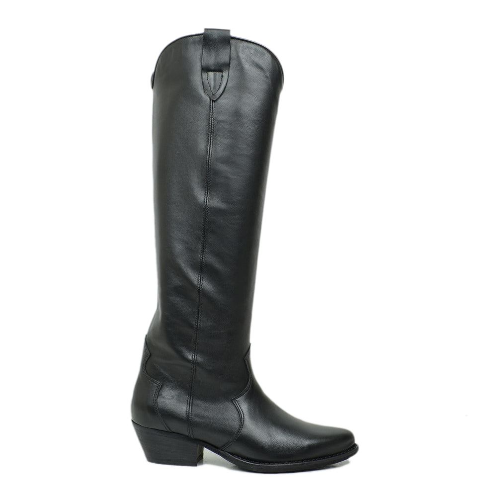 Women's Black Leather High Texan Boots Made in Italy - 3