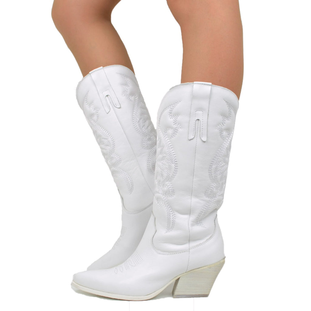 Women's White Leather Texan Boots with Embroidery Made in Italy