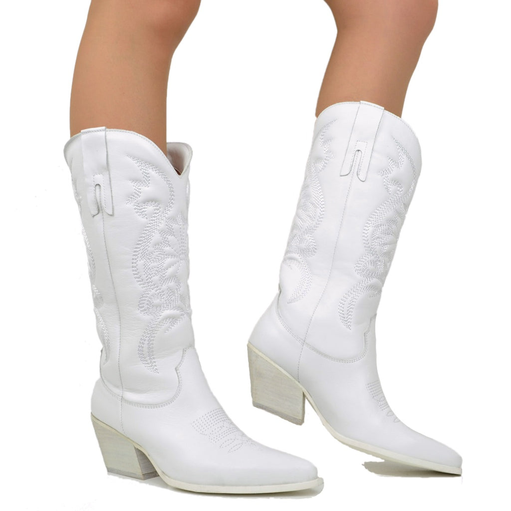 Women's White Leather Texan Boots with Embroidery Made in Italy - 2