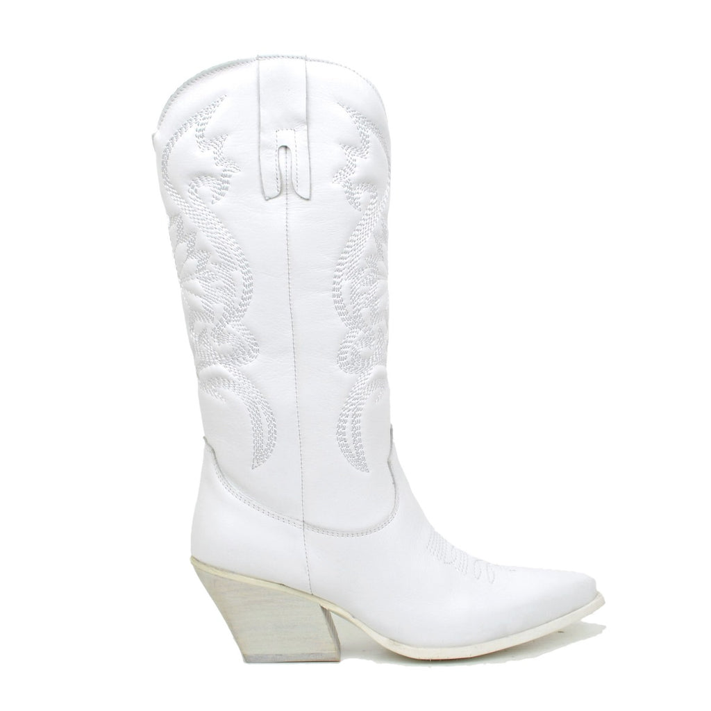 Women's White Leather Texan Boots with Embroidery Made in Italy - 3