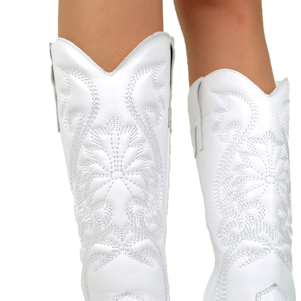 Women's White Leather Texan Boots with Embroidery Made in Italy - 5