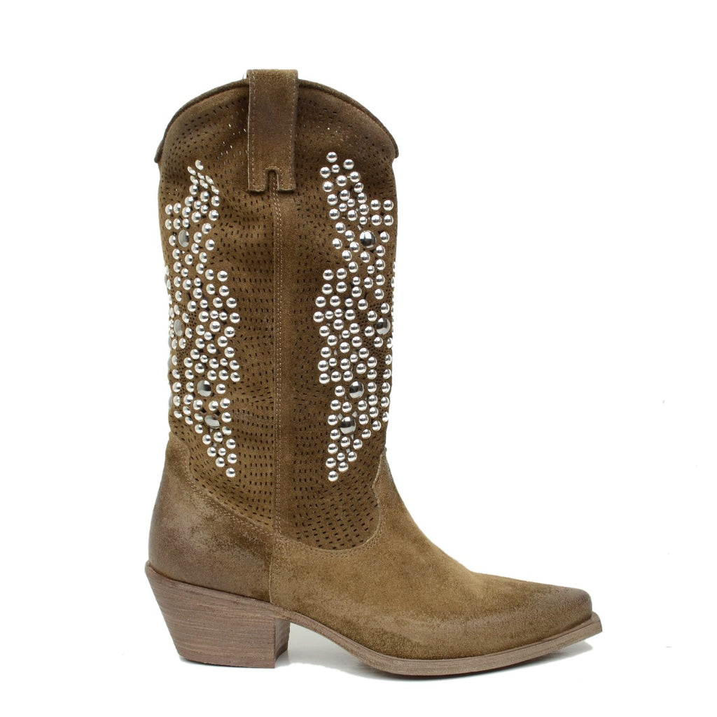 Taupe Perforated Suede Leather Cowboy Boots with Studs - 2