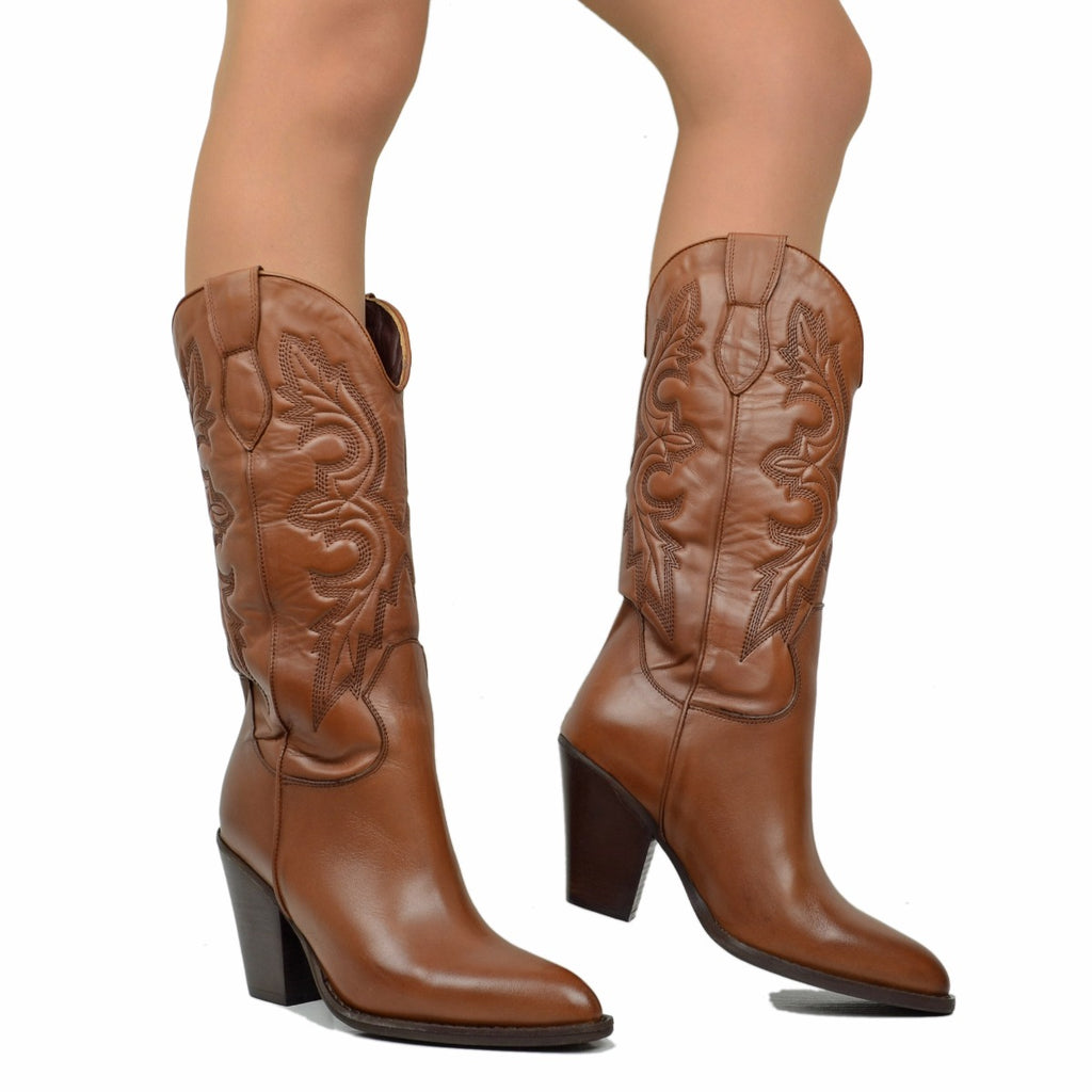 Leather Texan Boots with Stitching Made in Italy - 4
