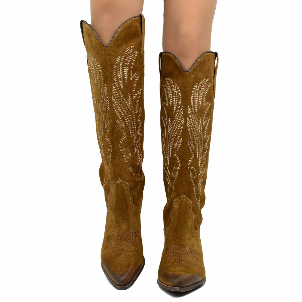 Brown Suede Cowboy Boots with Stitching - 3