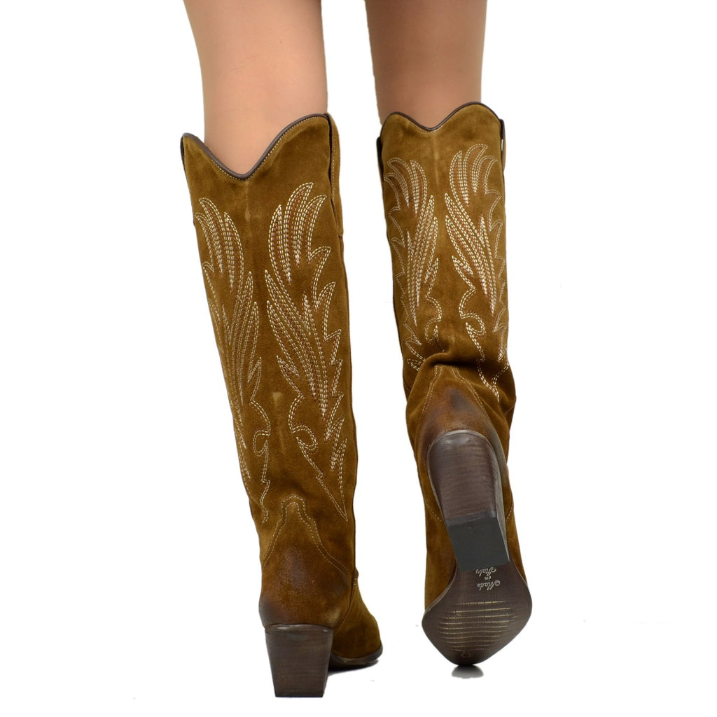 Brown Suede Cowboy Boots with Stitching - 4