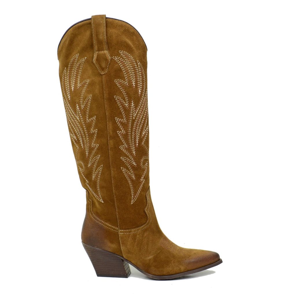 Brown Suede Cowboy Boots with Stitching - 2