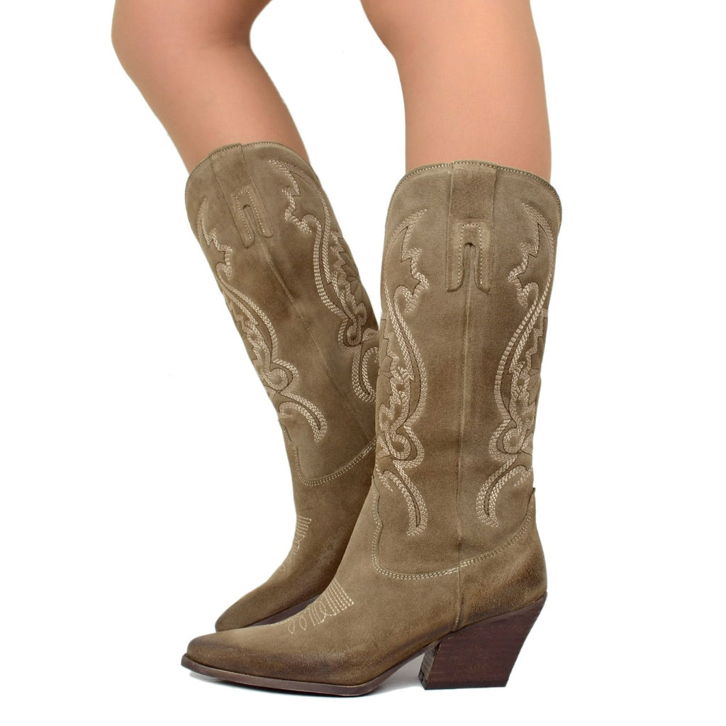 Taupe Women's Cowboy Boots in Suede with Embroideries