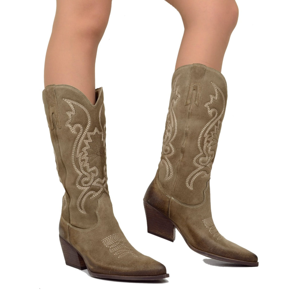 Taupe Women's Cowboy Boots in Suede with Embroideries - 3