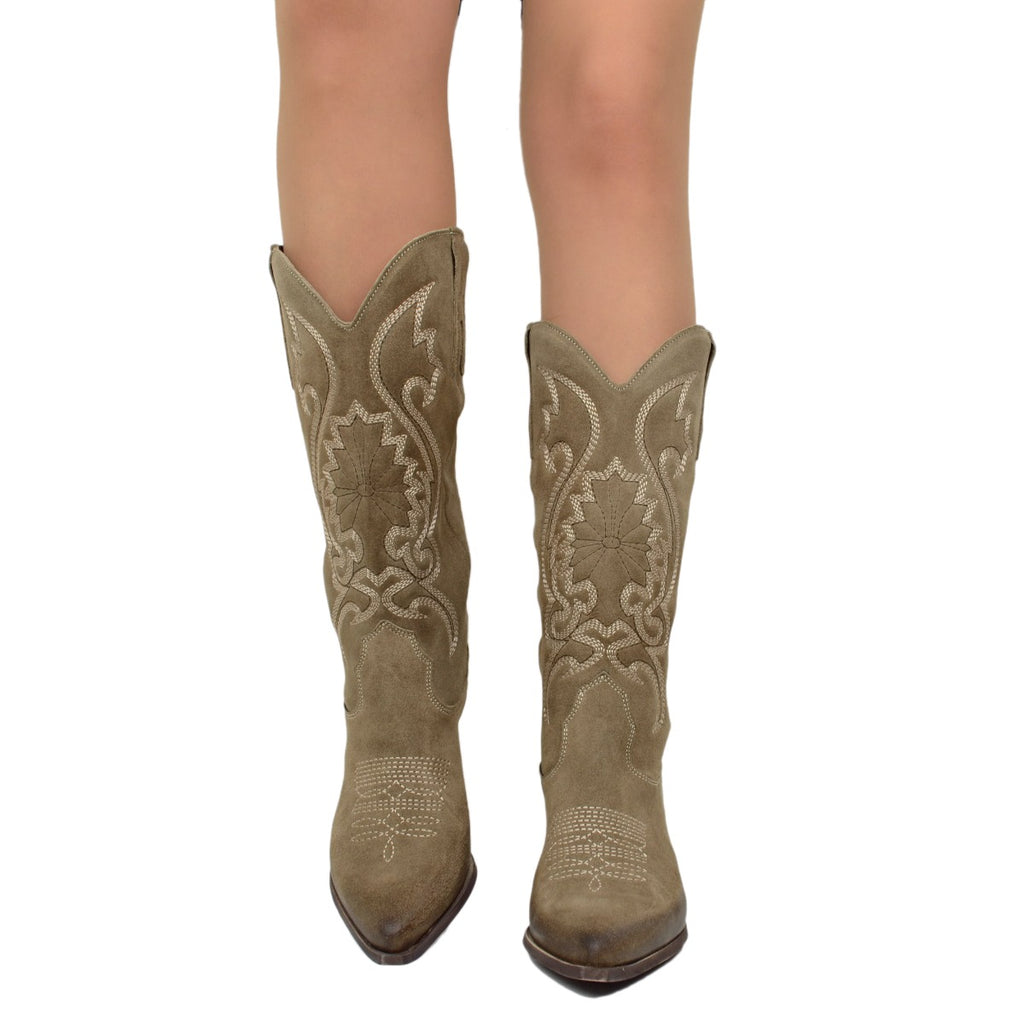 Taupe Women's Cowboy Boots in Suede with Embroideries - 4