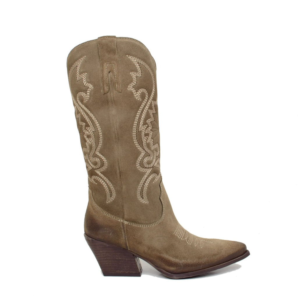 Taupe Women's Cowboy Boots in Suede with Embroideries - 2