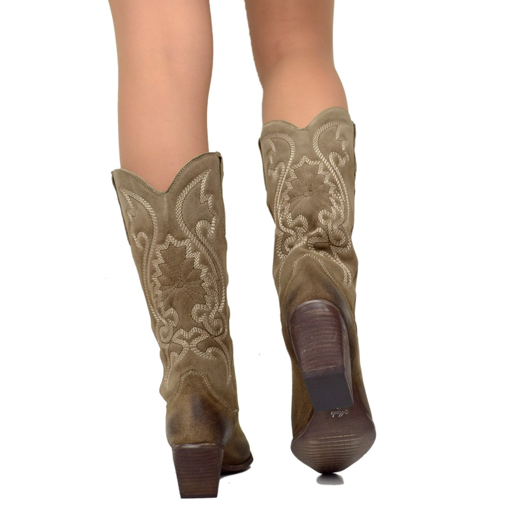 Taupe Women's Cowboy Boots in Suede with Embroideries - 5