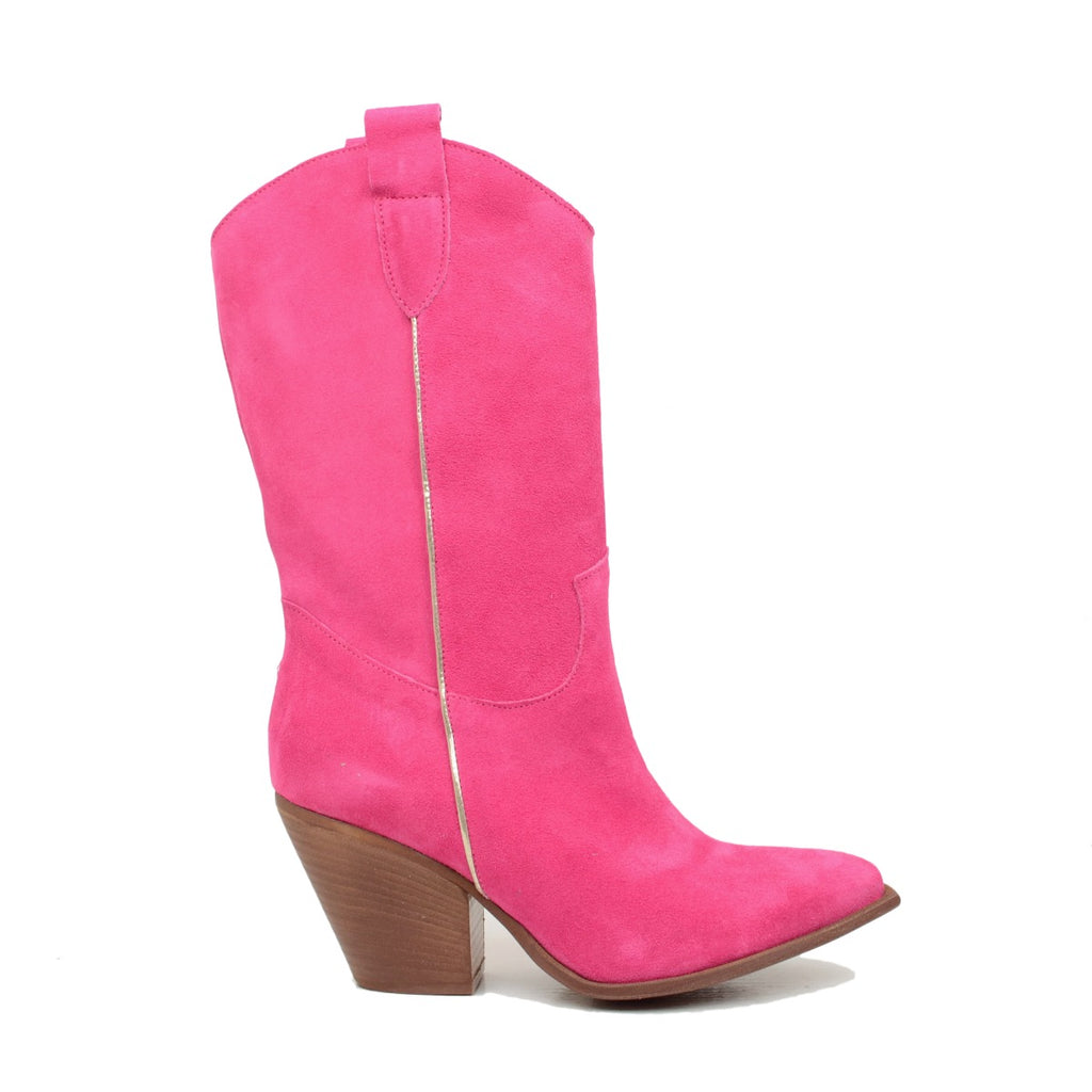 Texan Boots in Fuchsia Suede with High Heel - 5
