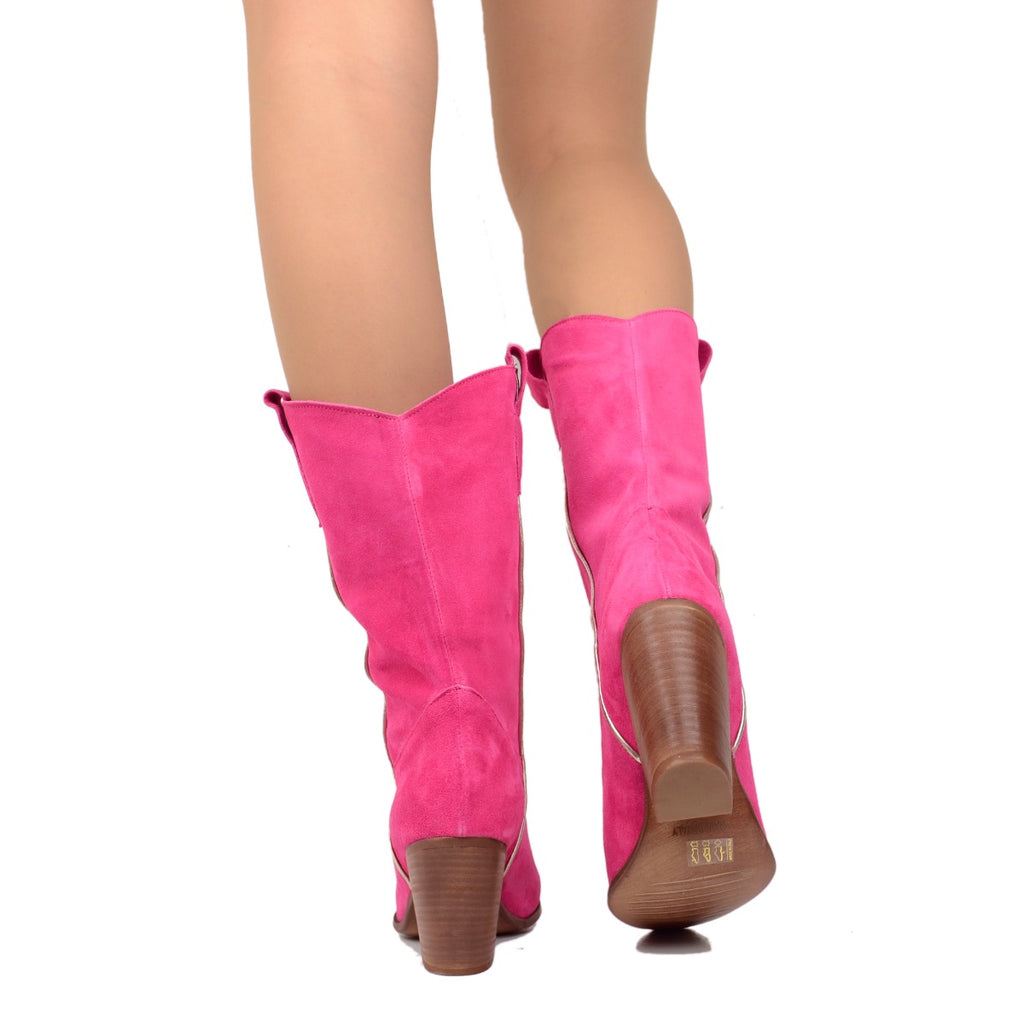 Texan Boots in Fuchsia Suede with High Heel - 6