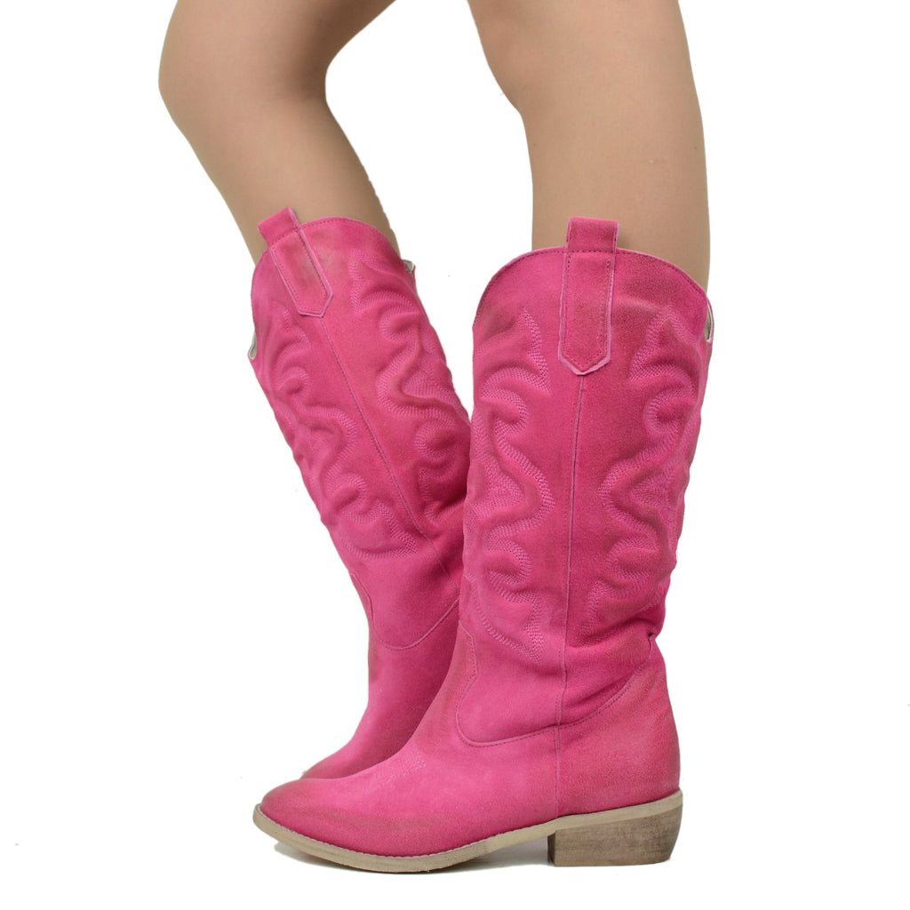 Women's Texan Boots in Fuchsia Suede Leather Made in Italy