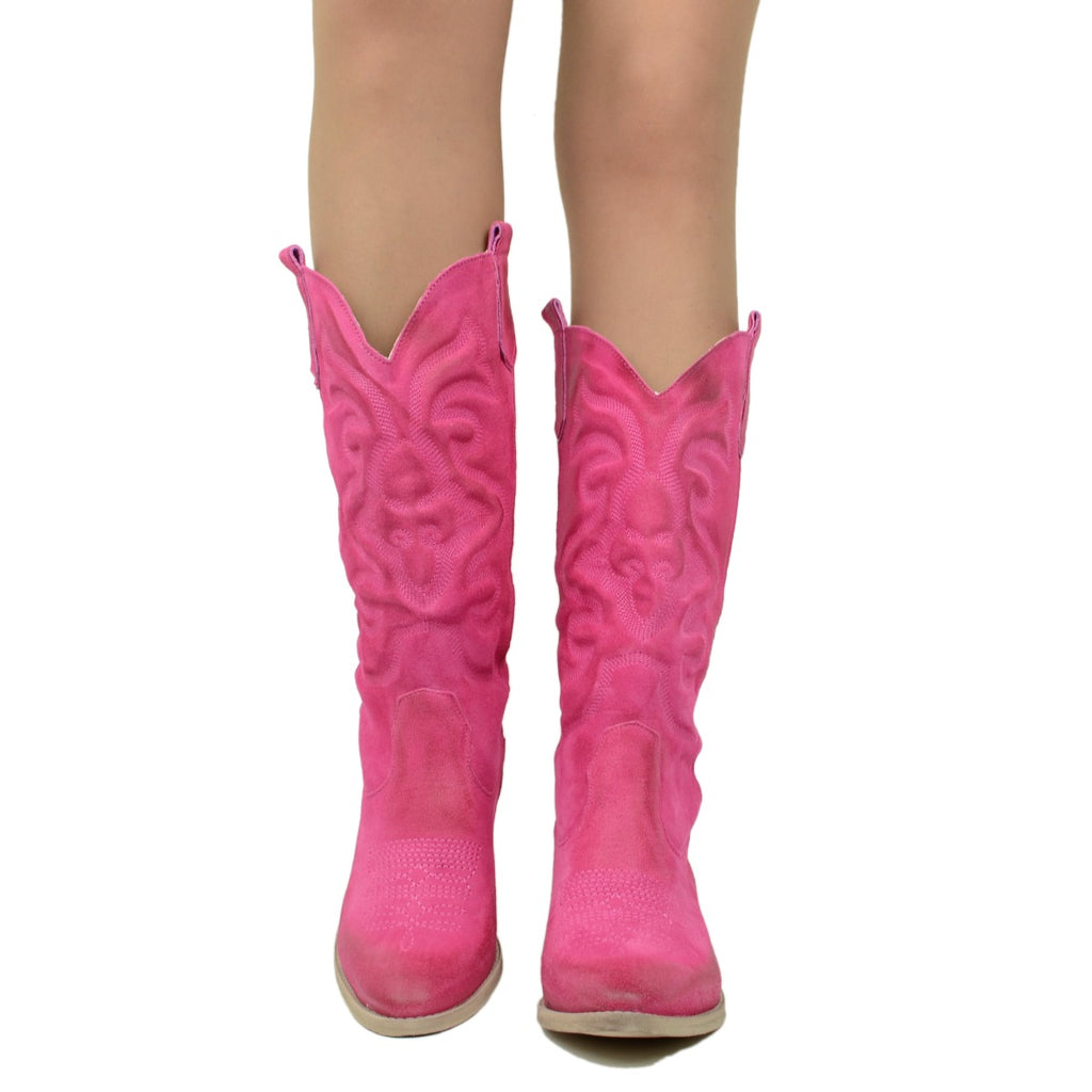 Women's Texan Boots in Fuchsia Suede Leather Made in Italy - 3