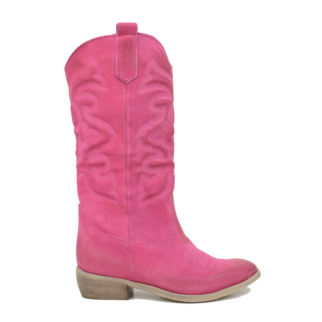 Women's Texan Boots in Fuchsia Suede Leather Made in Italy - 2