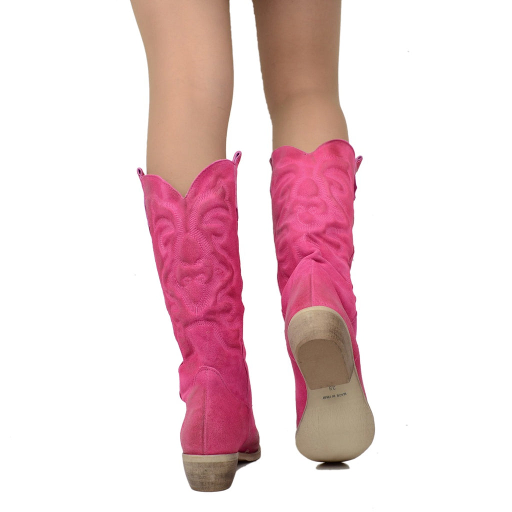 Women's Texan Boots in Fuchsia Suede Leather Made in Italy - 5