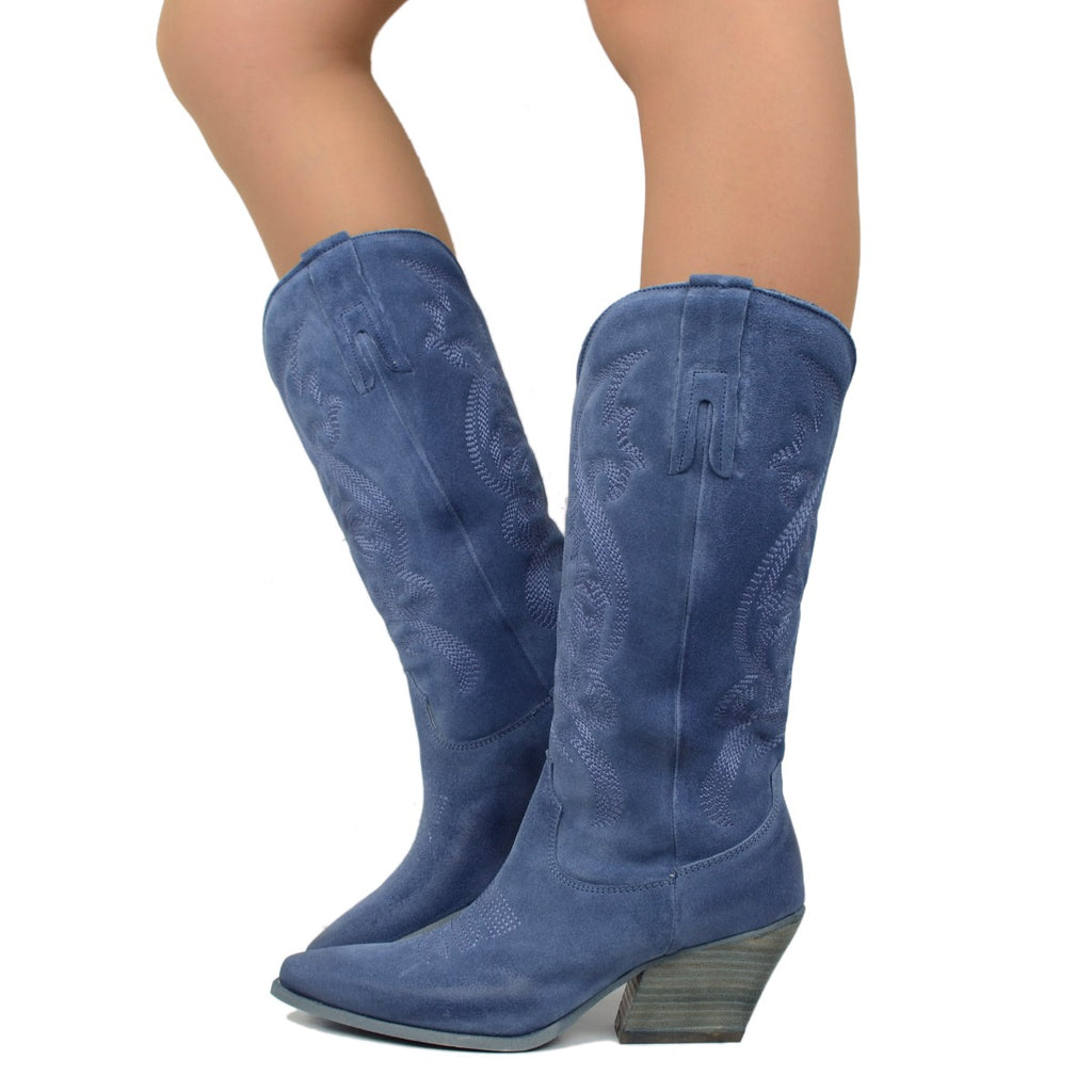 Women's Texan Jeans Boots in Suede Leather with Embroideries