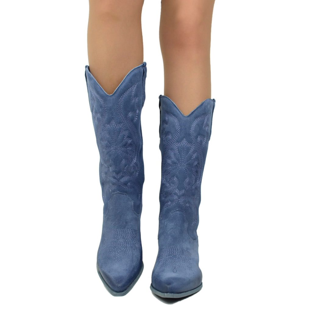 Women's Texan Jeans Boots in Suede Leather with Embroideries - 3