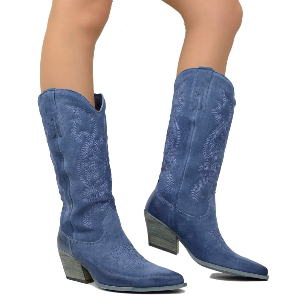 Women's Texan Jeans Boots in Suede Leather with Embroideries - 4