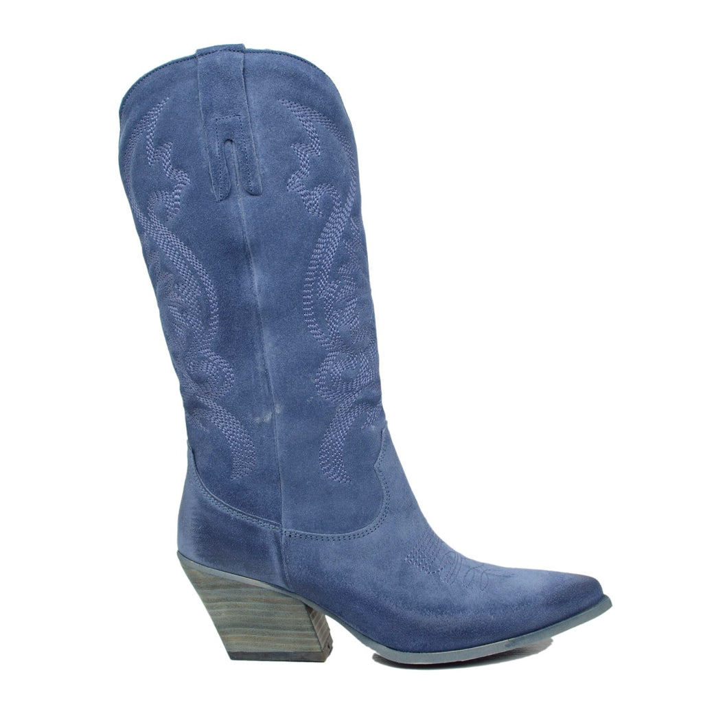 Women's Texan Jeans Boots in Suede Leather with Embroideries - 2