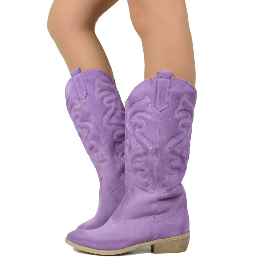 Women's Texan Boots in Lilac Suede Leather Made in Italy