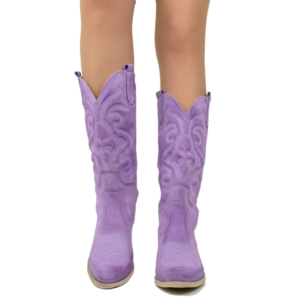 Women's Texan Boots in Lilac Suede Leather Made in Italy - 3