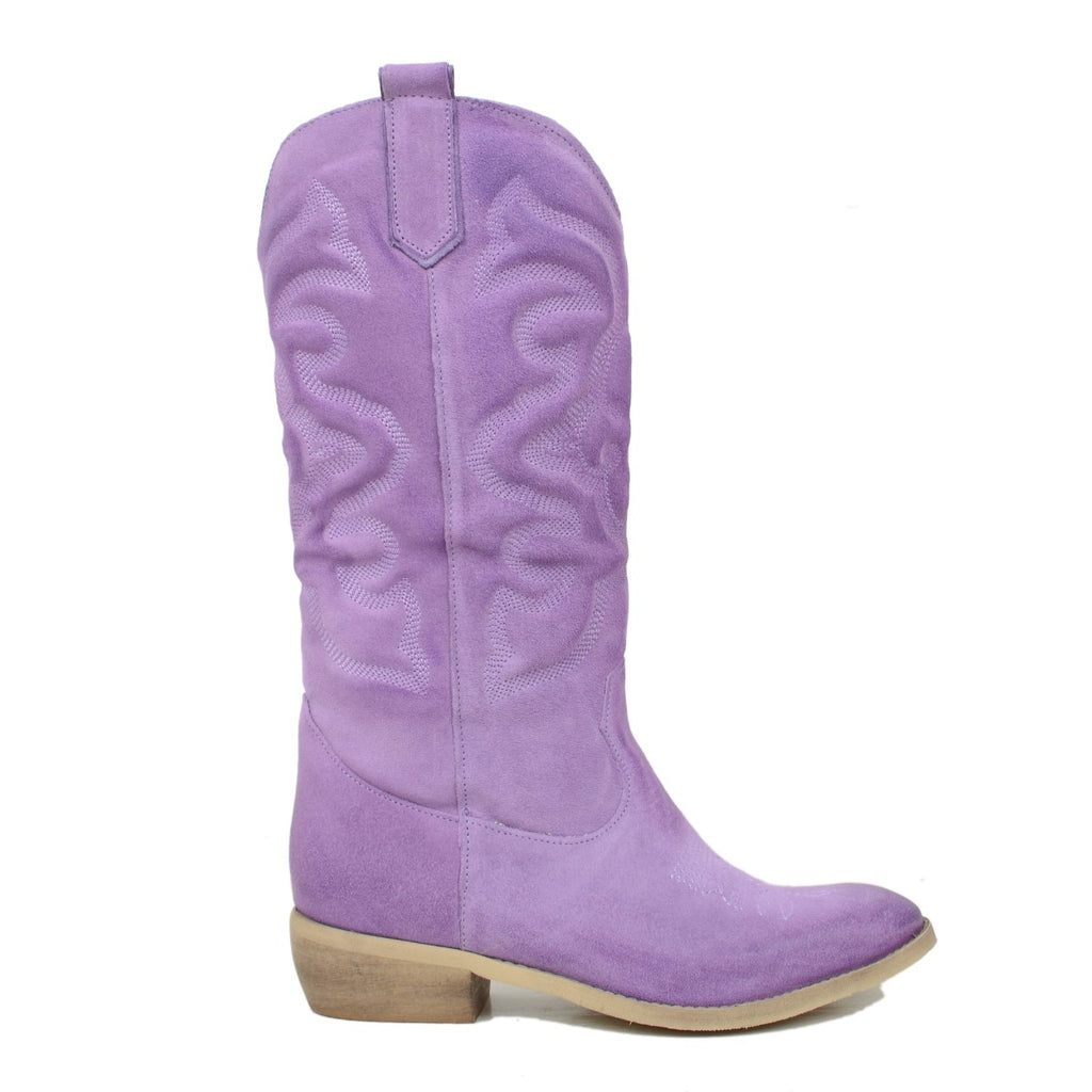 Women's Texan Boots in Lilac Suede Leather Made in Italy - 2