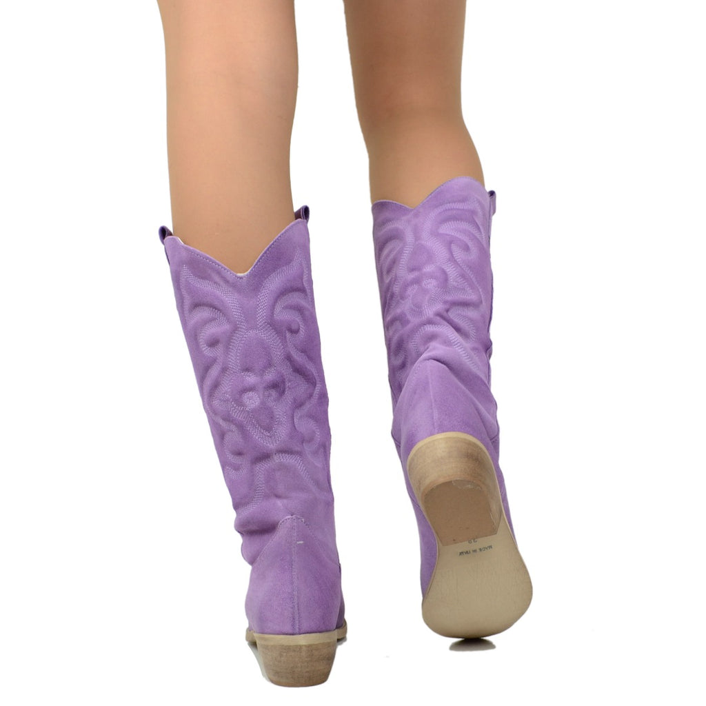 Women's Texan Boots in Lilac Suede Leather Made in Italy - 5