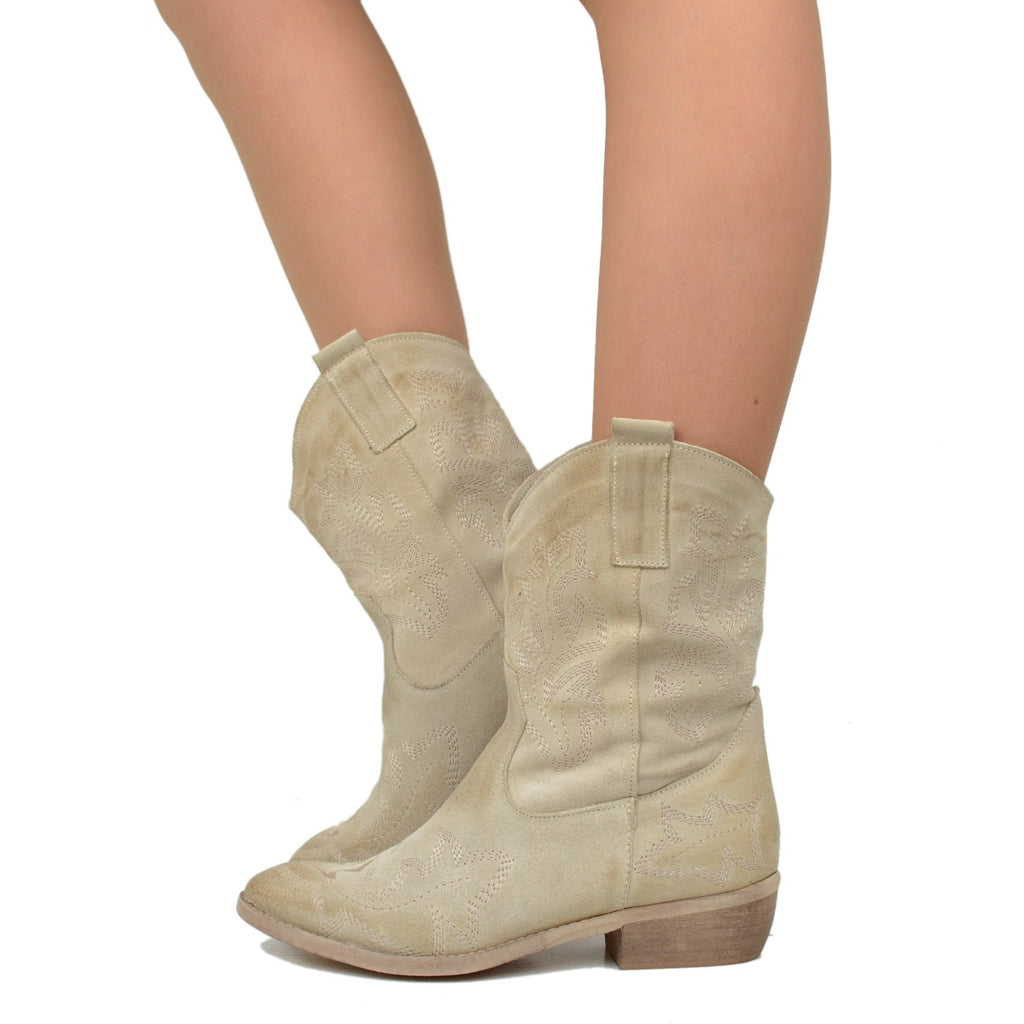Women's Summer Texan Boots in Beige Leather with Stitching