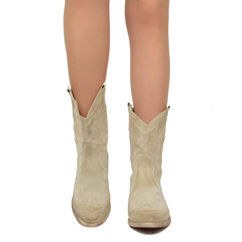 Women's Summer Texan Boots in Beige Leather with Stitching - 3