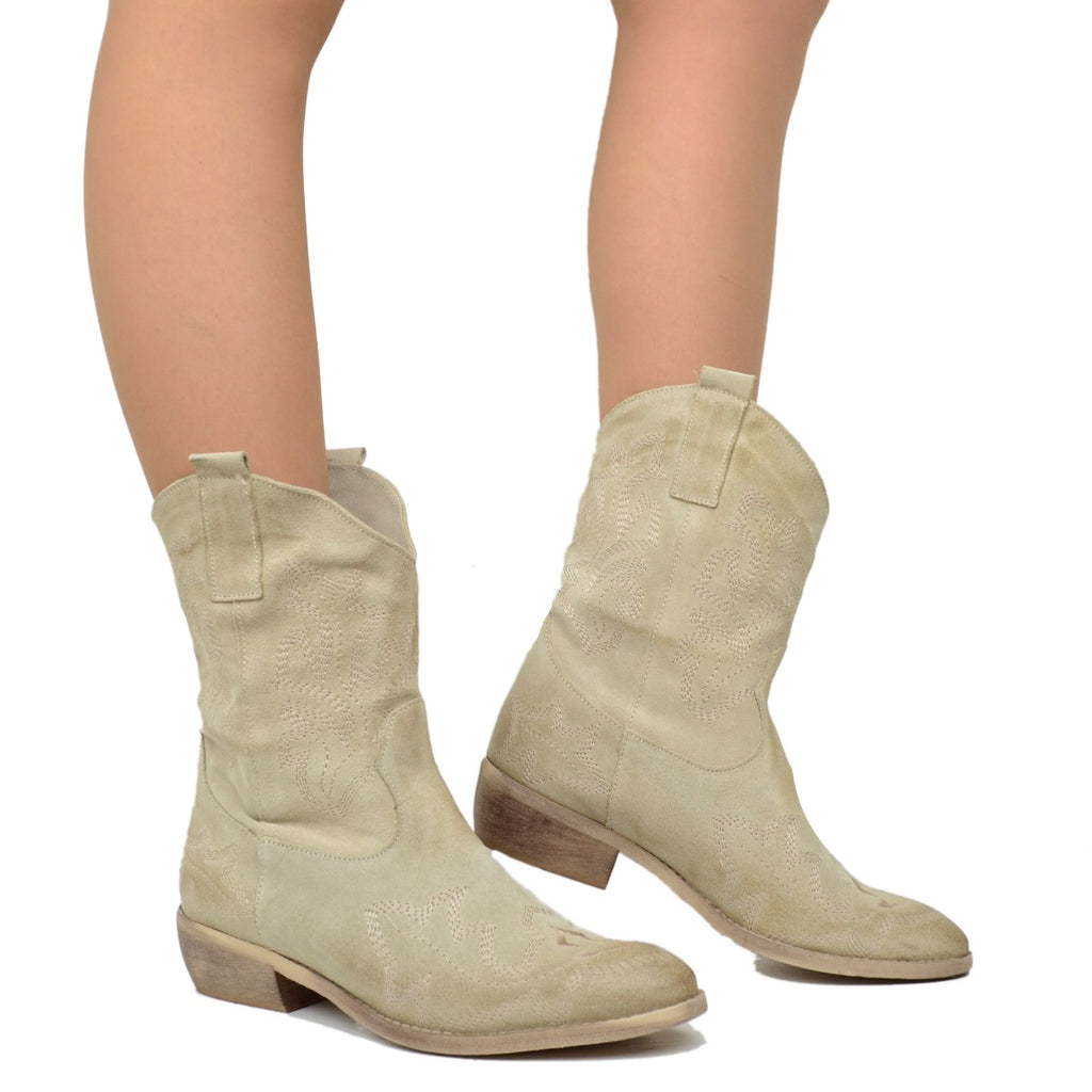 Women's Summer Texan Boots in Beige Leather with Stitching - 4