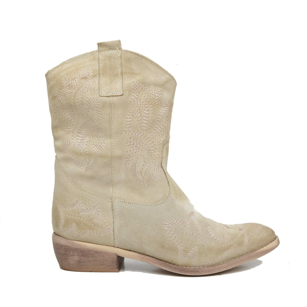 Women's Summer Texan Boots in Beige Leather with Stitching - 2