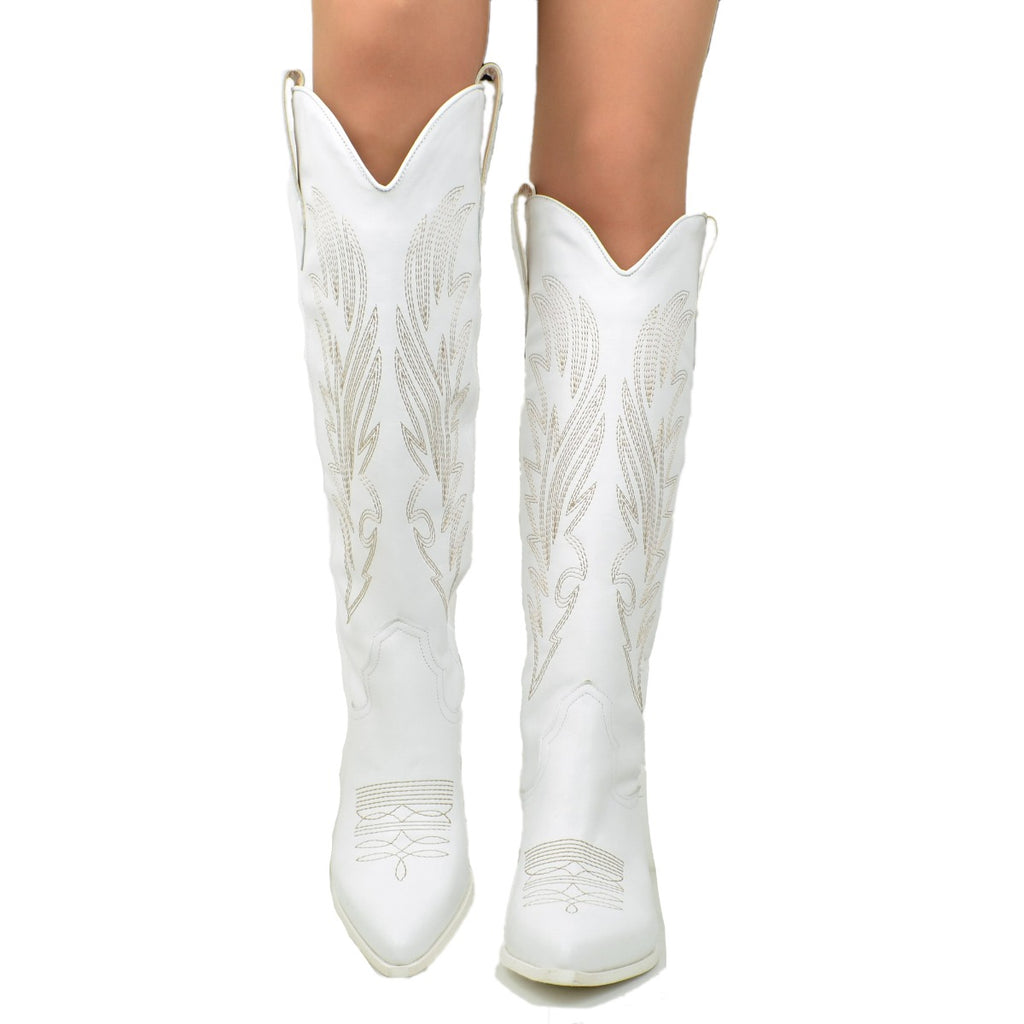 White Leather Texan Boots with Stitching Made in Italy - 4