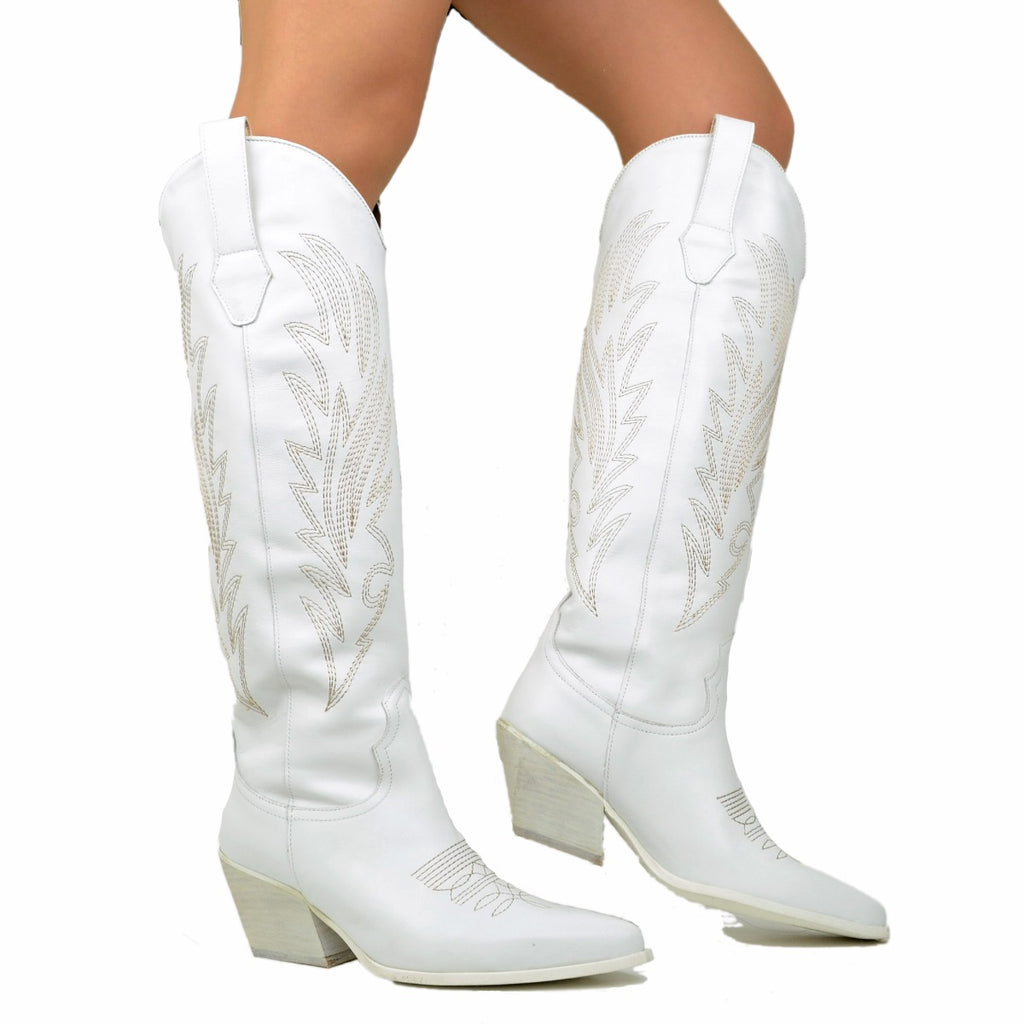 White Leather Texan Boots with Stitching Made in Italy - 2