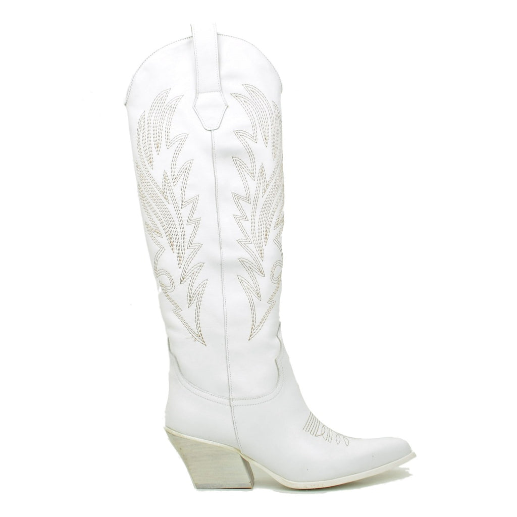 White Leather Texan Boots with Stitching Made in Italy - 3