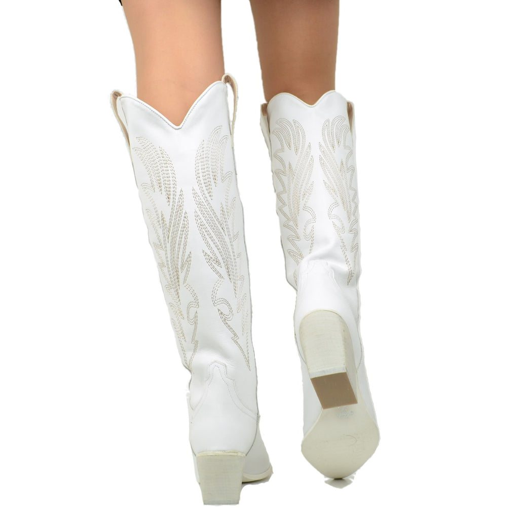 White Leather Texan Boots with Stitching Made in Italy - 5