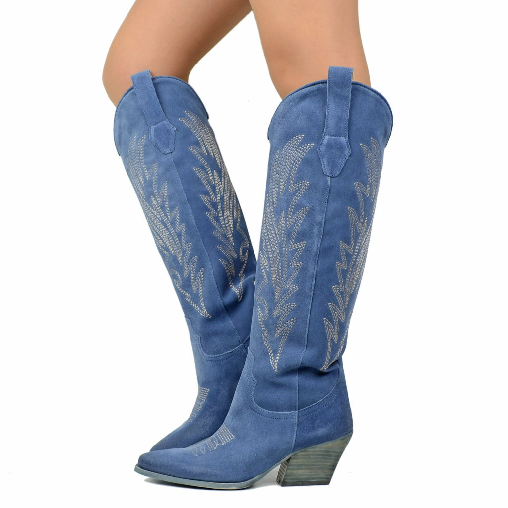 Women's Cowboy Boots Suede Jeans with High and Wide Heel