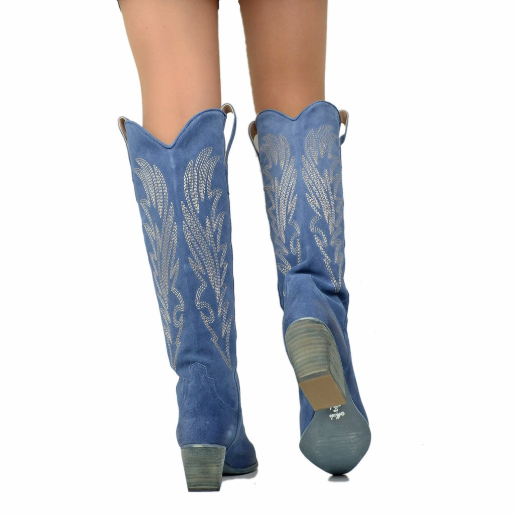 Women's Cowboy Boots Suede Jeans with High and Wide Heel - 5