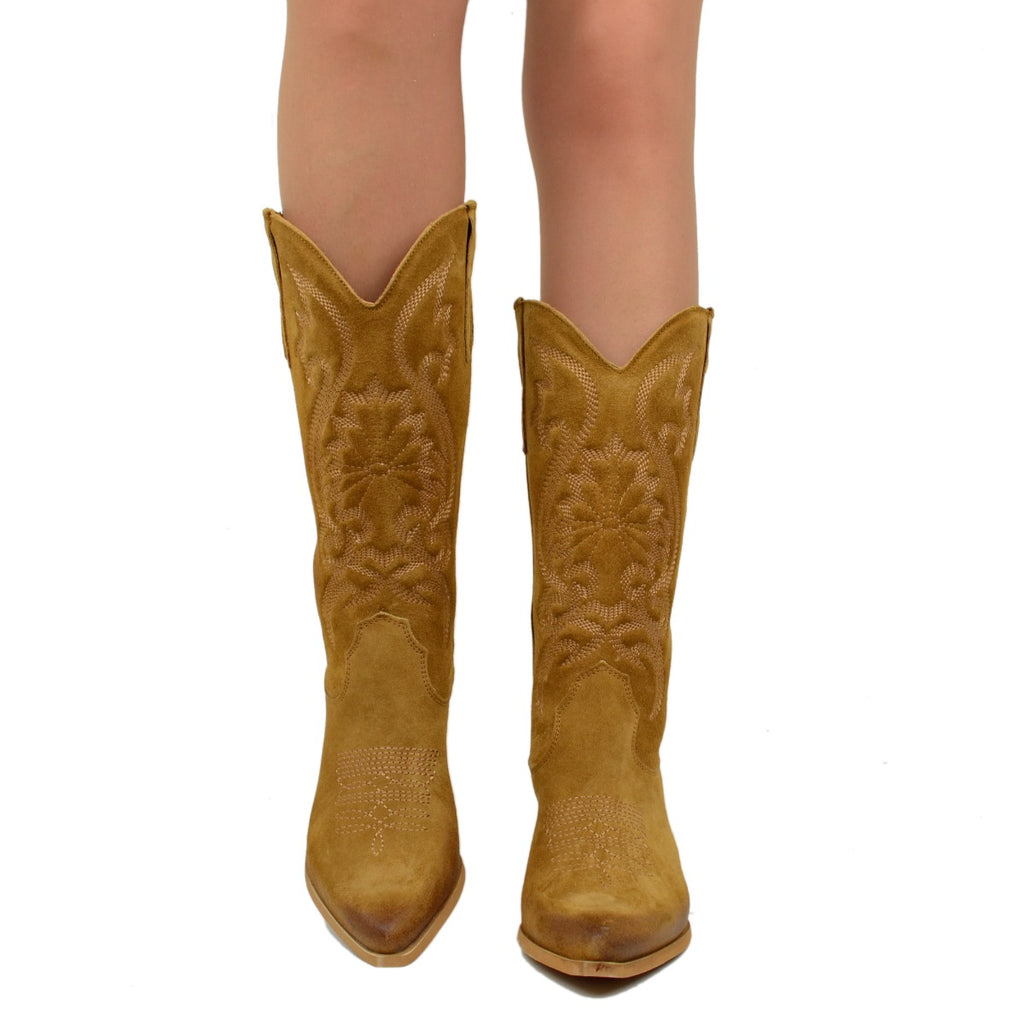 Women's Texan Boots in Brown Suede Leather with Embroideries - 3