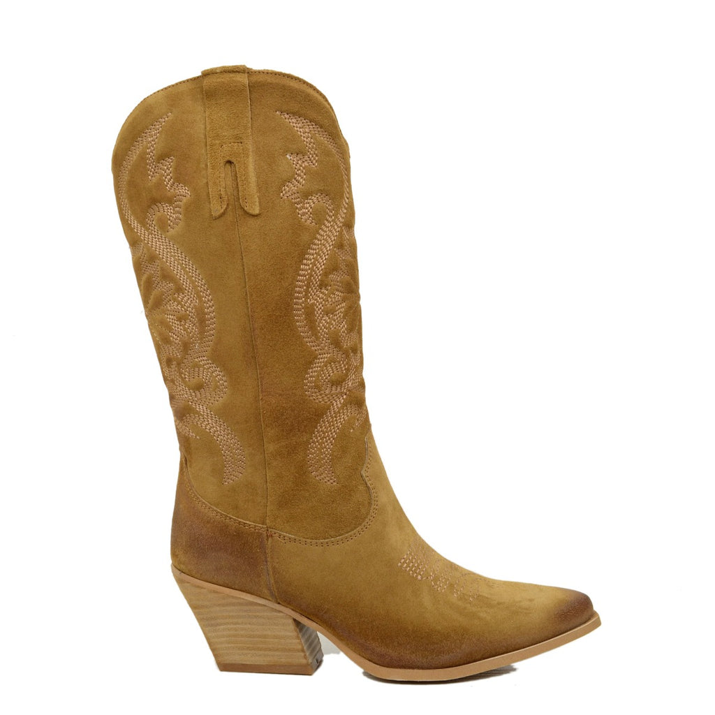 Women's Texan Boots in Brown Suede Leather with Embroideries - 2