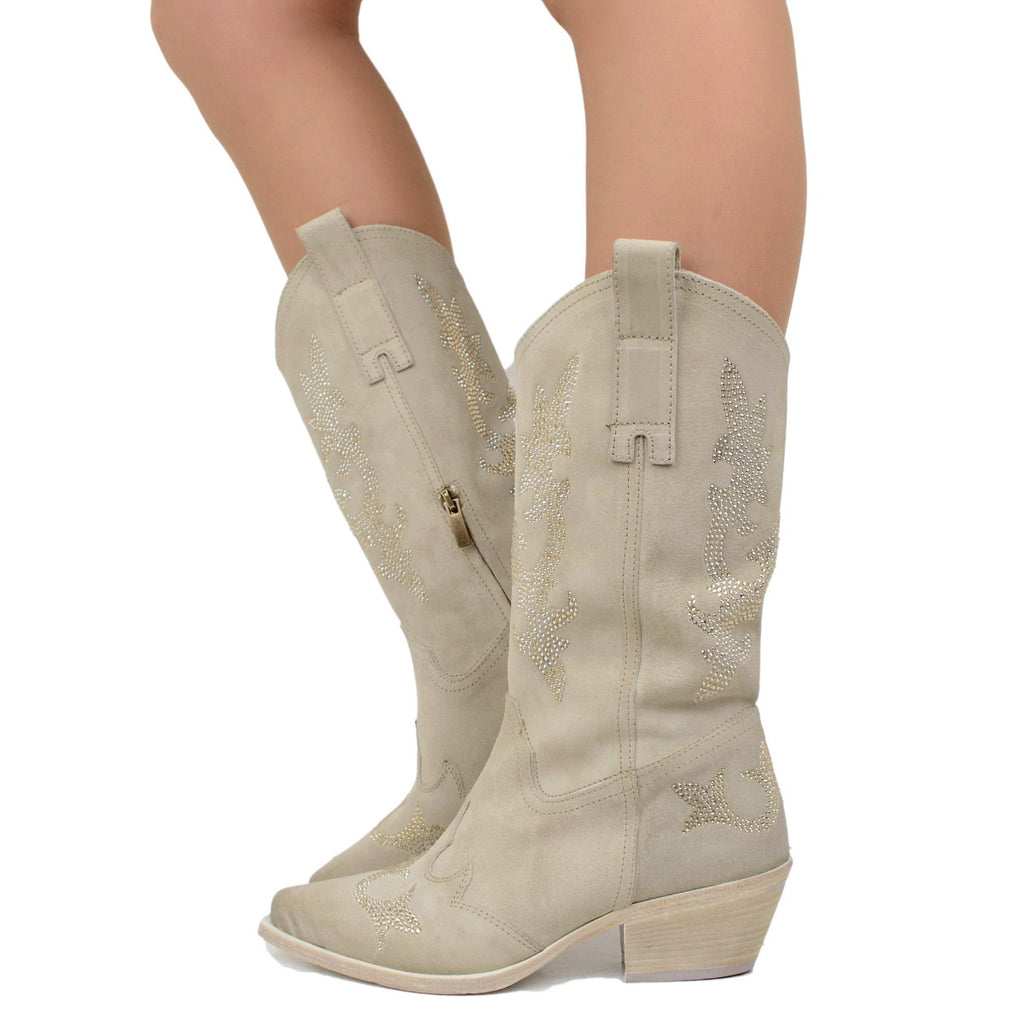 Elegant Cowboy Boots with Rhinestones in Beige Suede Leather